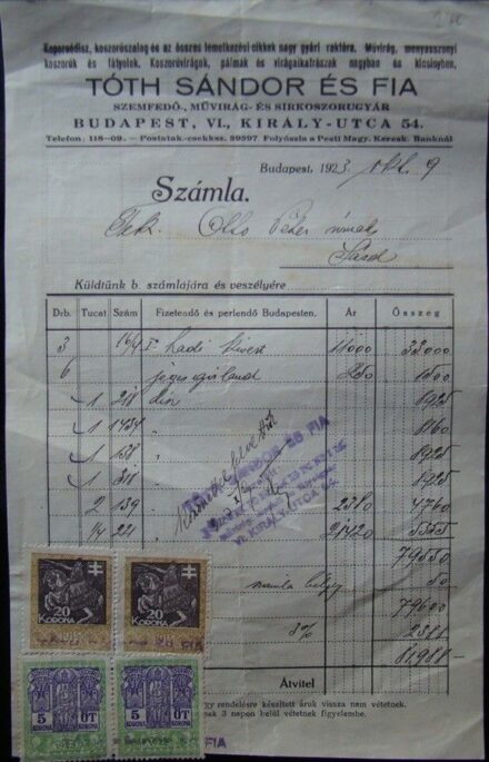 55-1669 1923.2 db 20 és 2 db 5 koronás Okmánybélyeges számla Tóth István és Fia