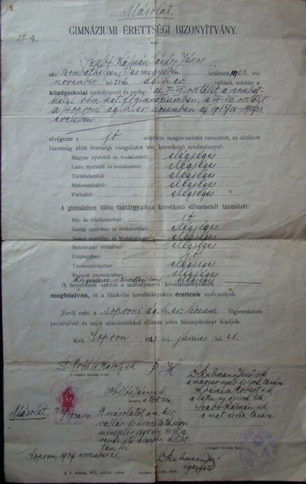 55-861 1923. Gimnáziumi érettségi bizonyítvány