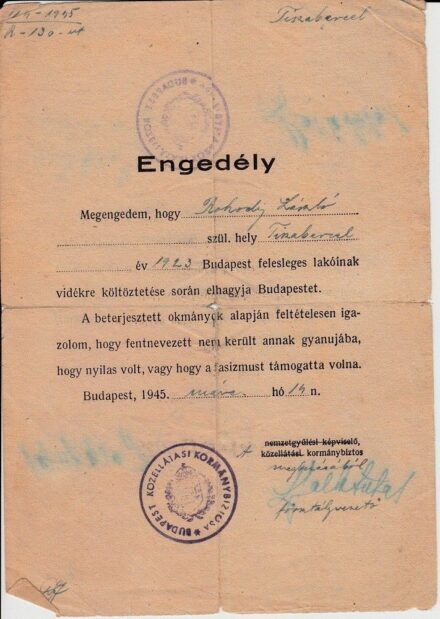 55-837 1945. Magyar és Orosz nyelvű lBudapest felesleges lakóinak lakhelyelhagyási engedélye