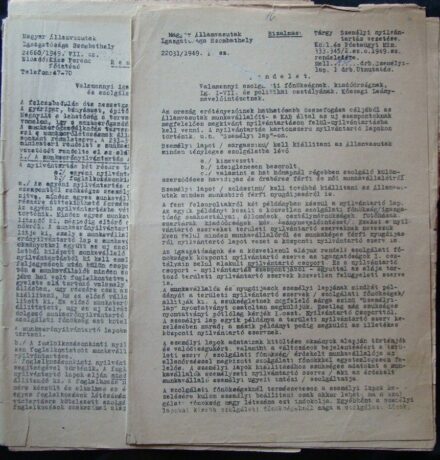 55-1188 1949. Bizalmas rendelet a Magyar Államvasutak Szombathelyi Igazgatóság részére a Személyi nyílvántartás vezetésére. Eplényi és a Tapolcai állomásfőnökségnek.