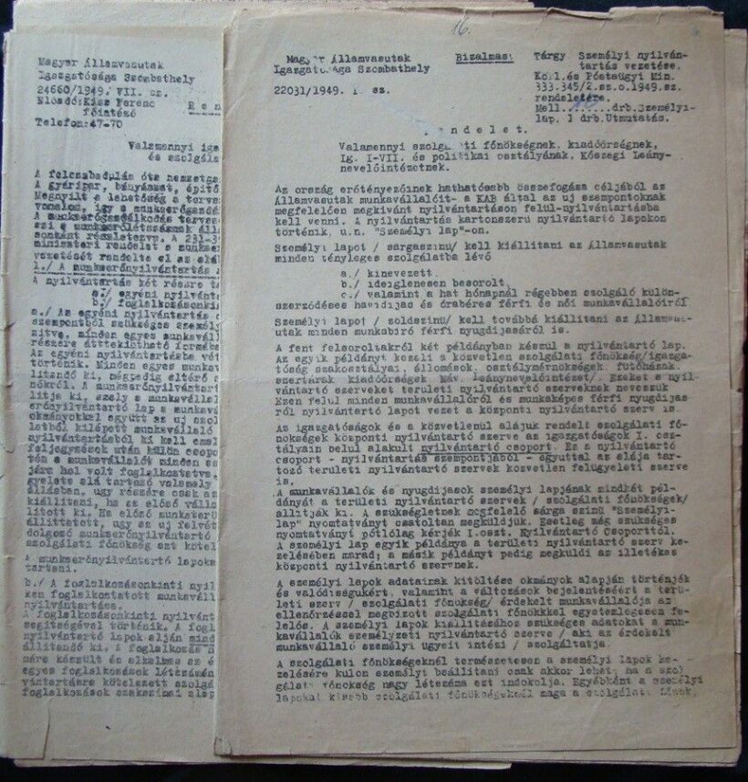 55-1188 1949. Bizalmas rendelet a Magyar Államvasutak Szombathelyi Igazgatóság részére a Személyi nyílvántartás vezetésére. Eplényi és a Tapolcai állomásfőnökségnek.