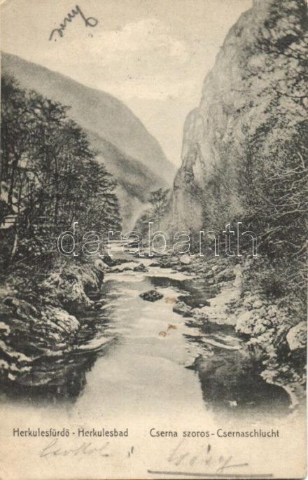 Herkulesfürdő, Baile Herculane; Cserna szoros, Jager Emil kiadása, utóda Eberle Keresztély / gorge (wet damage)