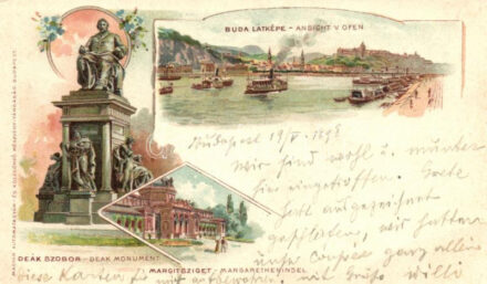 1898 Budapest, Margitsziget, Deák szobor, floral Art Nouveau litho (EB)