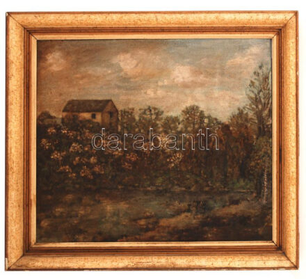 Olvashatatlan jelzéssel: Magányos ház. Olaj, farost, piszkos, sérült keretben, 50×60 cm