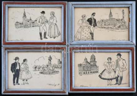 4 db RÉGI irredenta képeslap keretben, Tusnády szignóval; Délvidéki Egyetemi és Főiskolai Hallgatók Egyesülete / 4 old irredenta postcards in frames, Tusnády signature