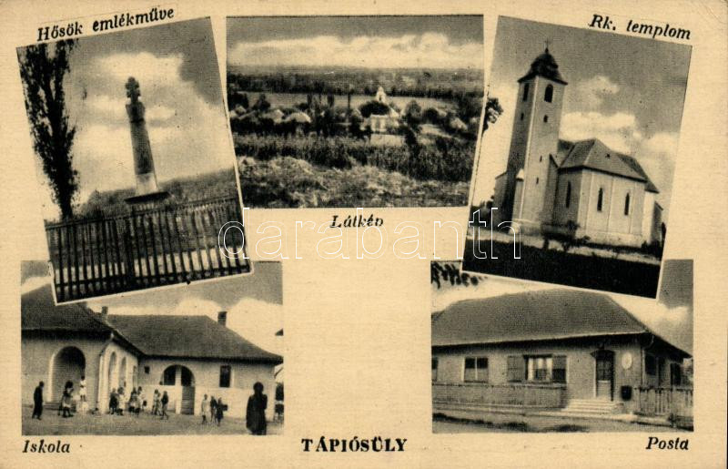 1950 Tápiósüly, Hősök emlékműve, Római katolikus templom, iskola, posta (EK)