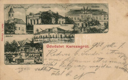 Karcag, Takarékpénztár, Városháza, Társaskör, Artézi kút; Sződi S. kiadása (fa)