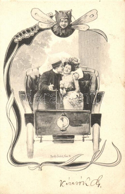 Couple in automobile, Art Nouveau s: Ch. Scolik (EK)