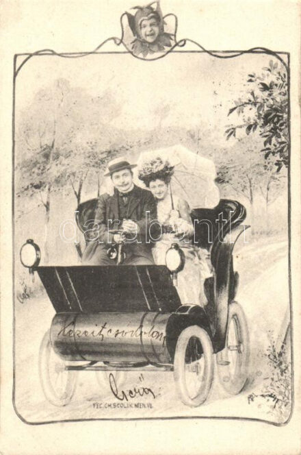 Couple in automobile, Art Nouveau s: Ch. Scolik