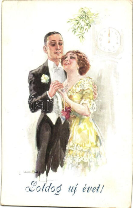 Italian art postcard, New Year, couple, E.A.S.B. 111/4. s: Usabal