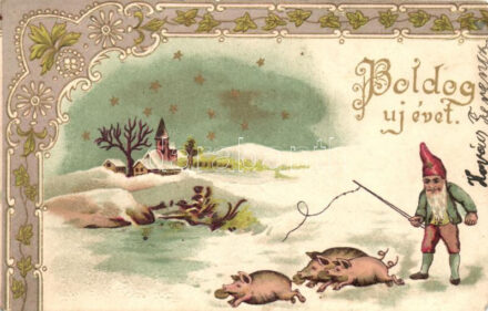 New Year, dwarf, pigs, floral, Art Nouveau Emb. litho