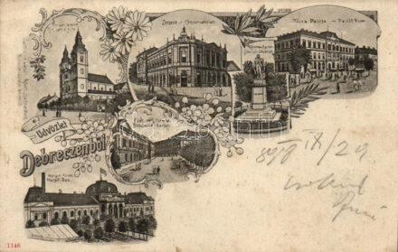 1898 Debrecen, Római katolikus templom, Zenede, Tisza palota, Füvészkert torkolat, Margit fürdő, floral, Art Nouveau (Rb)