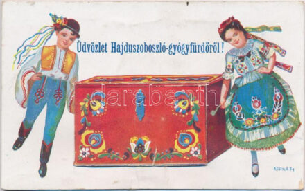 Hajdúszoboszló-gyógyfürdő, folklór leporellolap s: Bernáth