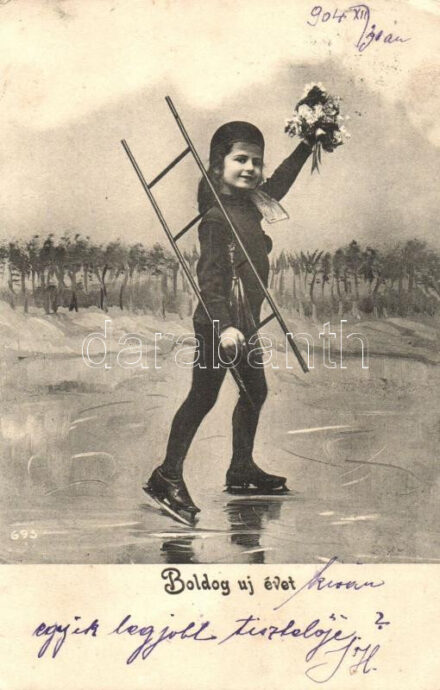 'Boldog új évet' / New Year, ice skating girl dressed as chimney sweeper (EK)