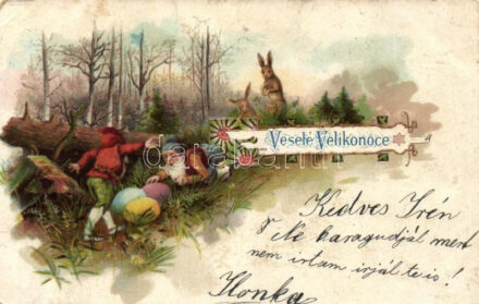 Easter, dwarves with rabbit, litho (EK)