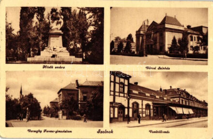 Szolnok, vasútállomás, Verseghy Ferenc gimnázium, Városi színház, Hősök szobra