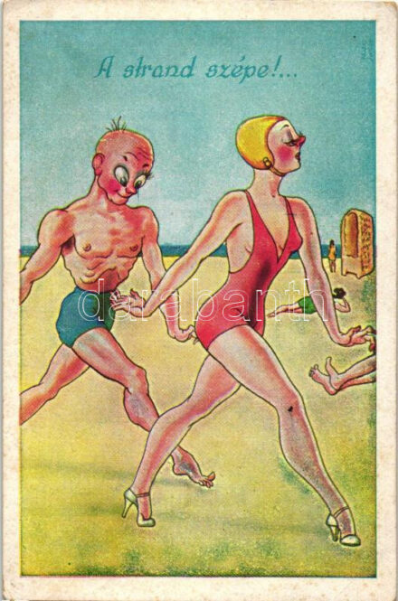 Strand szépe / woman and man humour s: Kaszás Jámbor