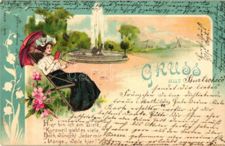 Lady with umbrella, floral, litho (EK)