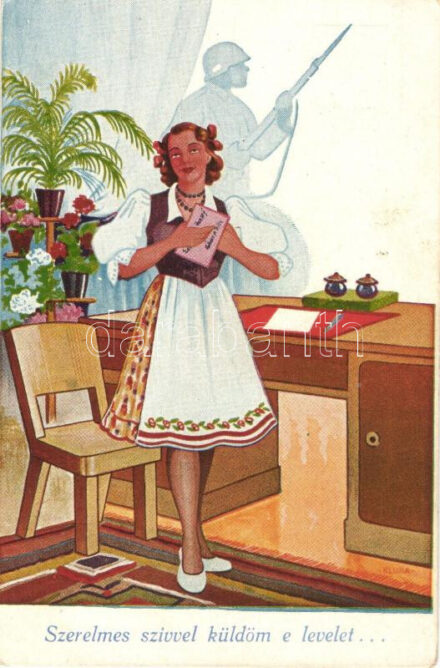 'Szerelmes szívvel küldöm e levelet...' / Lady with love letter written for a Hungarian soldier, s: Kluka