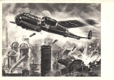 'Un Do 215 allemand attaque une enterprise industrielle anglaise' / An German Dornier Do 215 attacks a English industrial factory, artist signed