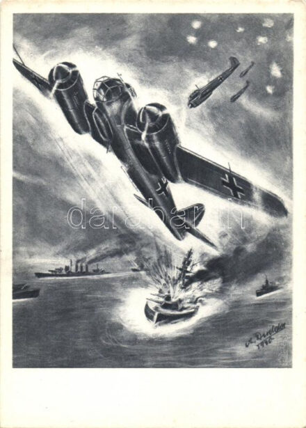 Des stukas allemands attaquent un convoi anglais / German Ju 88's attacking a convoy of English ships, WWII, artist signed (EK)
