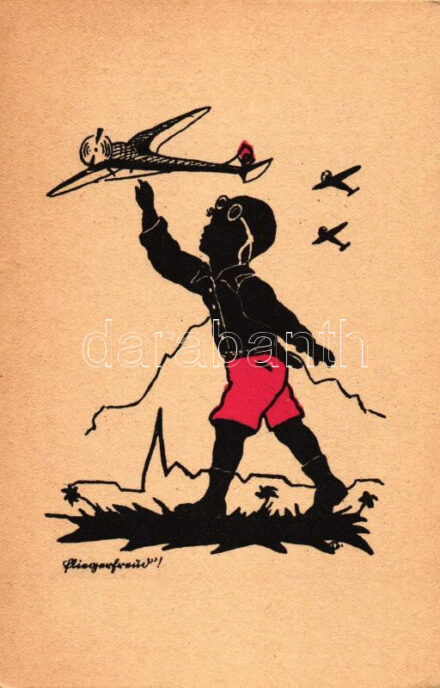 Pilot child with aircraft, silhouette (EK)