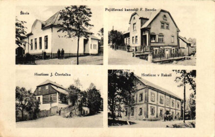 Bohdasín, Skola, Hostinec J. Ctvrtecka, Hostinec v. Rokoli, Pojistovaci kancelár F. Benese / school, hotels, insurance office