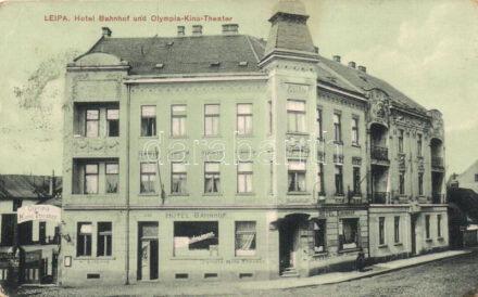 Ceská Lipa, Leipa; Hothel Bahnhof und Olympia-Kino-Theater / hotel, cinema and theater (Rb)