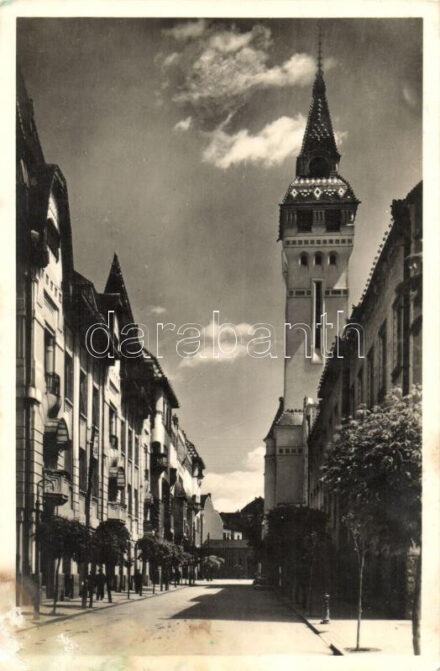 Marosvásárhely, Targu Mures; Ferenc József út, a Közigazgatási Palota tornya / Franz Joseph street, tower of the Administrative Palace (fl)