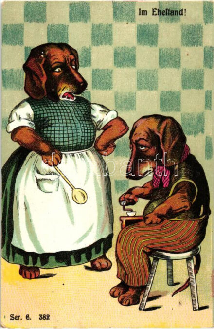 Im Ehestand / Marriage, Dachshund couple, humour, litho