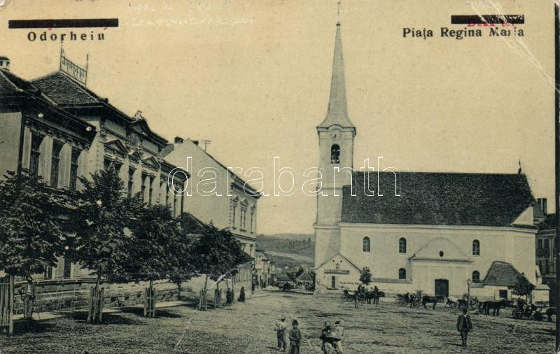 Székelyudvarhely, Odorheiu Secuiesc; Mária királyné tér (Deák tér), templom, Kováts Gergely üzlete / square, church, shop 'vissza' So. Stpl (fa)