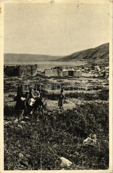 Tiberias, view of the town and the Kinneret lake, man riding a donkey (EB)