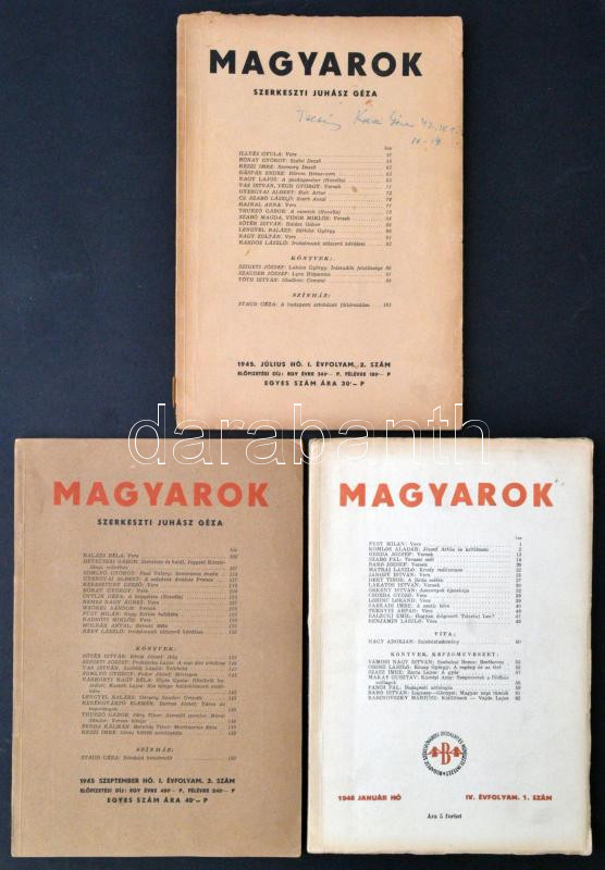 1945-1948 Juhász Géza (szerk.): Magyarok folyóirat, 3 db. (I. évf. 2.,3. szám, IV. évf. 1. szám.). Budapest-Debrecen, 1945-1948, Ady Társaság-Magyar Élet Könyvkiadó - Székesfővárosi Irodalmi és Művészeti Intézet. Kiadói