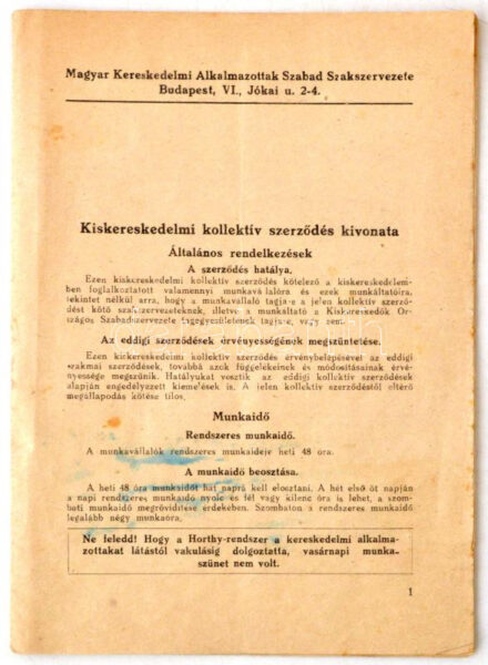 cca 1950 Kiskereskedelmi kollektív szerződés kivonata, pp.:16, 20x15cm