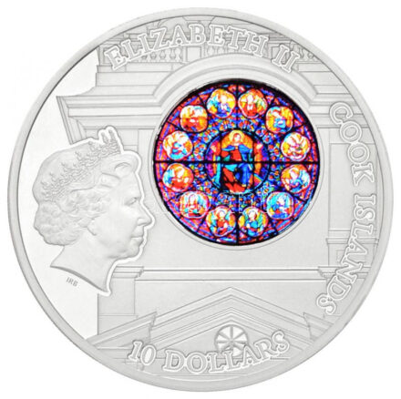 Cook-szigetek 2015. 10$ Ag 'Stockholmi Szent Miklós templom - Krisztus ablak' az ezüstérmében kézi készítésű intarziás betét, gyártói díszdobozban, tanúsítvánnyal T:PP Cook Islands 2015. 10 Dollars Ag 'Stockholm Storkyrkan -