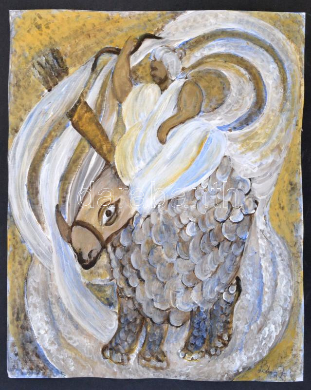 Lehoczky József (1957-): Arab harcos harci orrszarvúval, olaj, karton, 36×29 cm