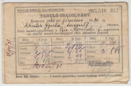 1939 Magyar Királyi Államvasutak által kiállított fényképes tanuló igazolvány