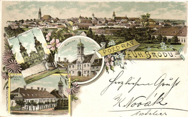 1899 Uhersky Brod, Magyarbród; Klaster Dominikánsky, Radnice, Pansky dum / Dominican monastery, town hall, mansion. Th. Böhm litho, floral