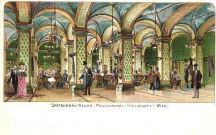 Wien, Vienna; Spatenbräu-Keller (Majolikasaal-Teilansicht) / beer hall, restaurant, interior, litho