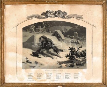 1865 A megfagyott gyermek, litográfia Székely Bertalan rajza nyomán, foltos, sérült fakeretben, 52x64 cm