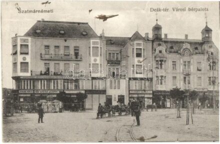 Szatmárnémeti, Szatmár, Satu Mare; Deák tér, Városi bérpalota, Fonciere biztosító intézet, Weisz Izsák, Perestein Ignácz, Borgida Miklós, Fried Salamon, Weisz Gyula üzletei, Szalon kávéház, Löwy kiadása / square, mansion, shops,