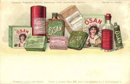 Anton J. Czerny-féle Osan kozmetikumok reklámlapja / Czerny's Präparate können überhaupt nicht übertroffen werden / Czerny's Osan cosmetic products advertisement postcard, Anton J. Czerny, Wien; litho