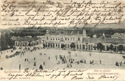 1906 Gyulafehérvár, Alba Iulia; Fő tér, vároldal, takarékpénztár, Hungária szálloda, Weiss Bernát, Fürst és Adler és Hermann üzlete / square, hotel, shops, savings bank