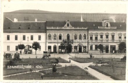 Szamosújvár, Gherla; Fő tér, Elite étterem és kávéház, Govrik Teodor és Floran Jacob üzlete / main square, restaurant, cafe, shops, photo