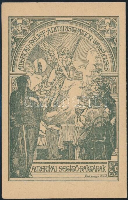 Amerikai segítő raktárak. Kinyitható képeslap a karácsonyi csomagokról / American Relief Administration Warehouses, folding postcard with the Christmas food packages s: Rakssányi Dezső