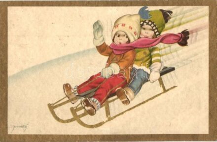 Szánkózó gyerekek télen / Sledding children in winter, winter sport. golden decorated Degami 2204.