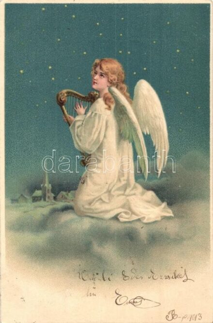 Christmas greeting card, angel playing harp. litho (EK)