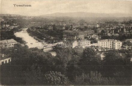 Cieszyn, Teschen; general view, river, bridge. Verlag von Kutzer & Cie.