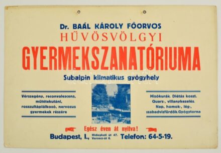 cca 1920 Hűvösvölgy Dr. Baál Károly főorvos gyermekszanatóriuma reklámtábla, karton, 33x50 cm