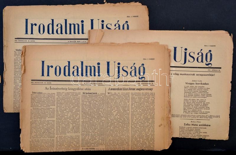 1956 Irodalmi Újság 3 száma, április 28., szeptember 29., október 6., kissé viseltes állapotban